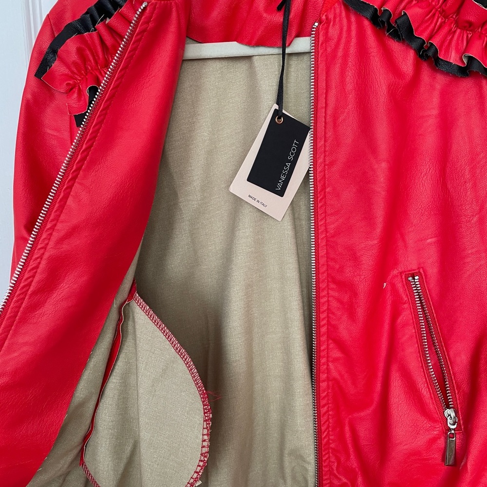 Red Bomber Jacket with Ruffle Detail - Picture 6 of 7